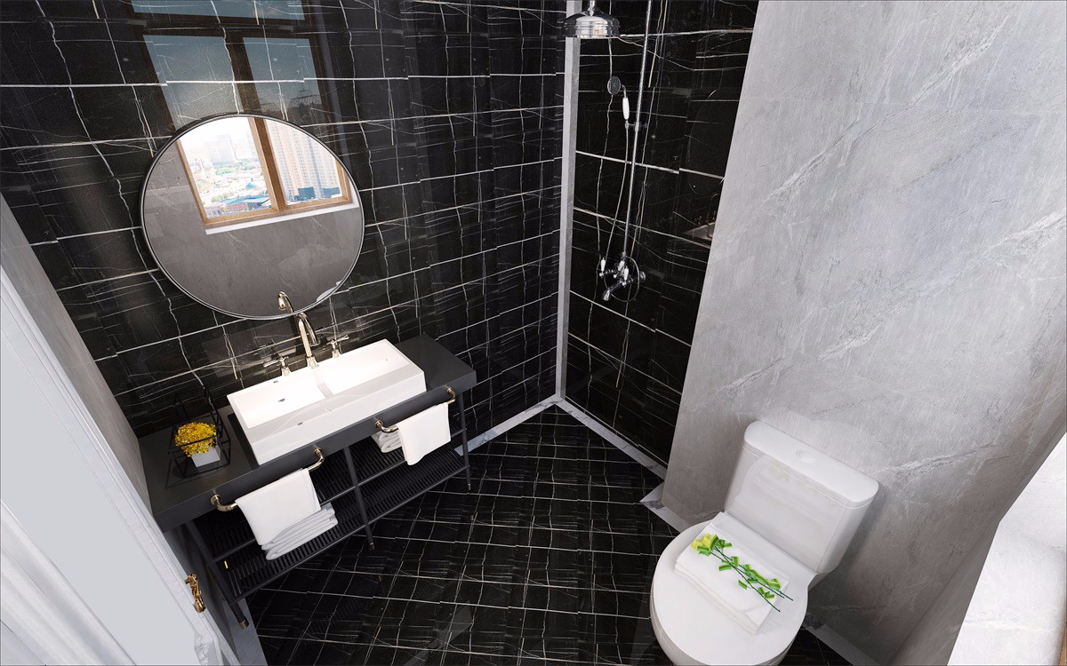 黑灰色搭配更耐脏 搭配镂空手盆柜形成工业风效果
