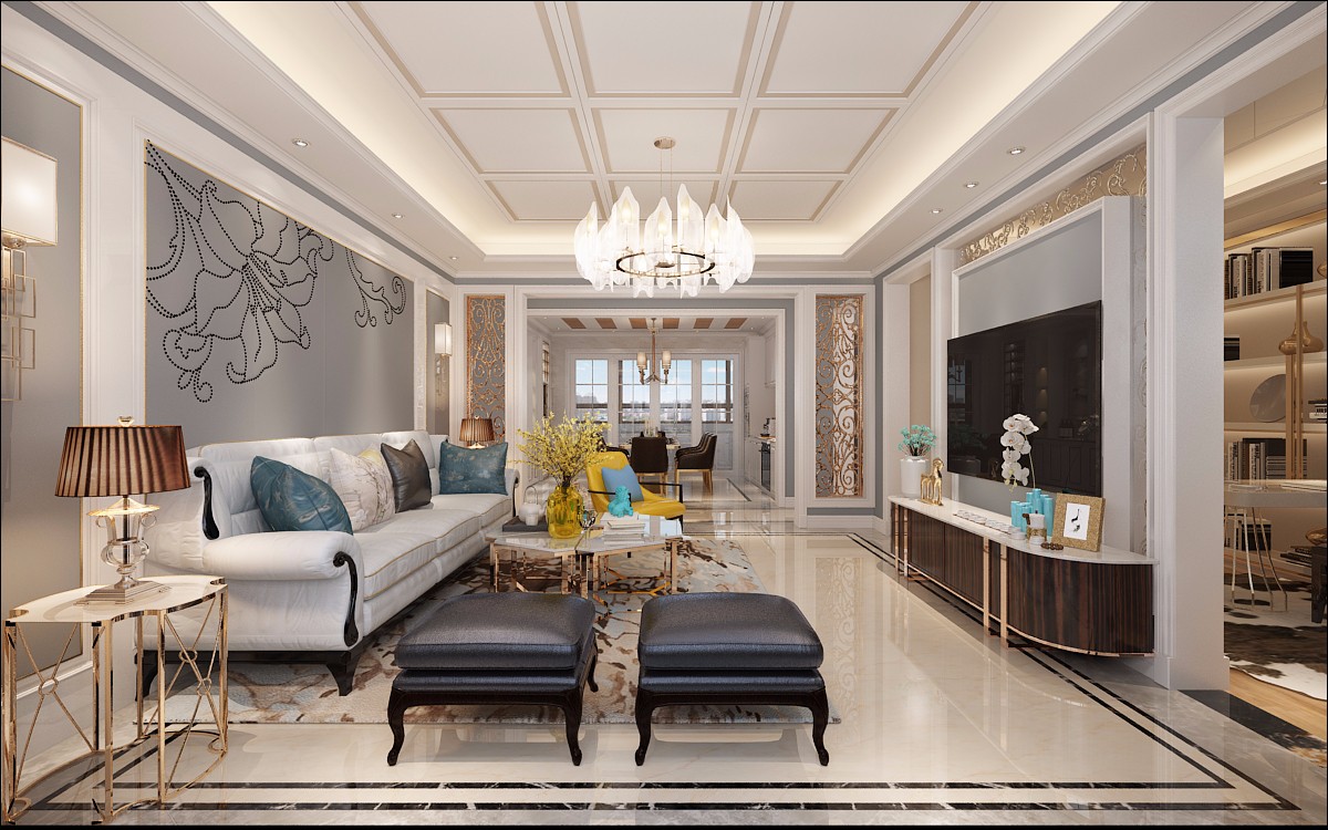 客厅整体淡蓝色搭配高亮度软装 冷暖对比强烈 棚面中间石膏板搭配石膏