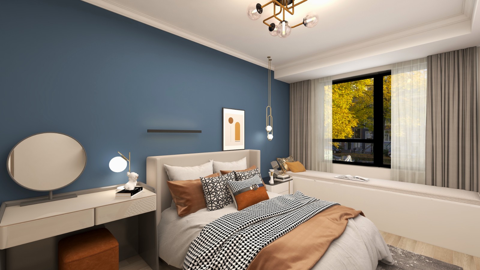 床头背景墙采用莫兰迪色,搭配整体效果