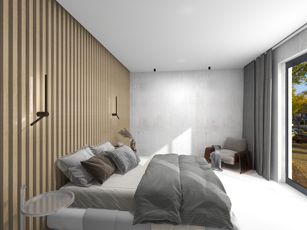 卧室床头墙做正面木格栅,将门隐藏起来.