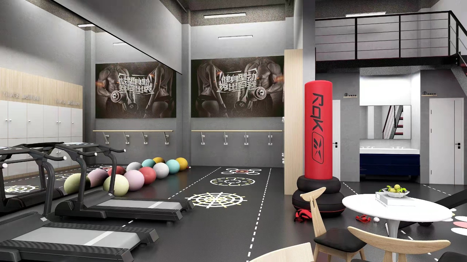 健身房内的墙壁和地面都是灰色材料.展示区主色灰色的工业风健身房