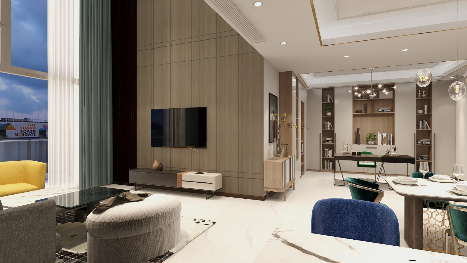 客厅电视背景墙以木饰面板上墙,原本6米的挑高层运用木饰面装饰