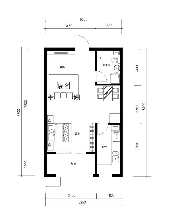全屋户型图小户型/一房户型现代风格66㎡