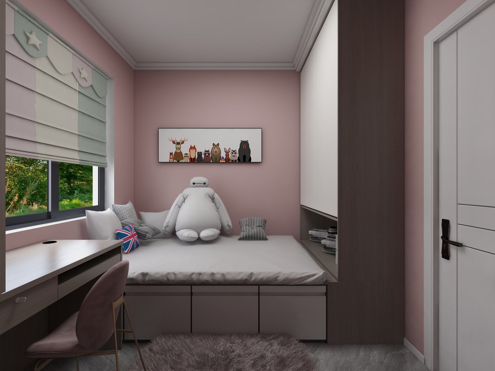 儿童房蓝色乳胶漆白色家具,充满童趣.