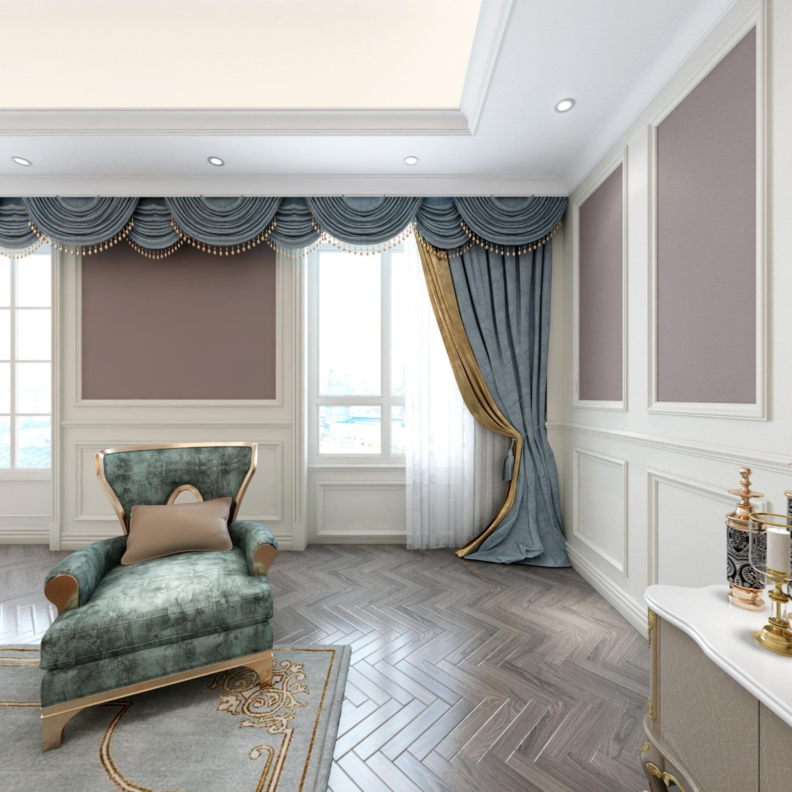 卧室与客厅风格一致,墙体实木护墙板配墙布