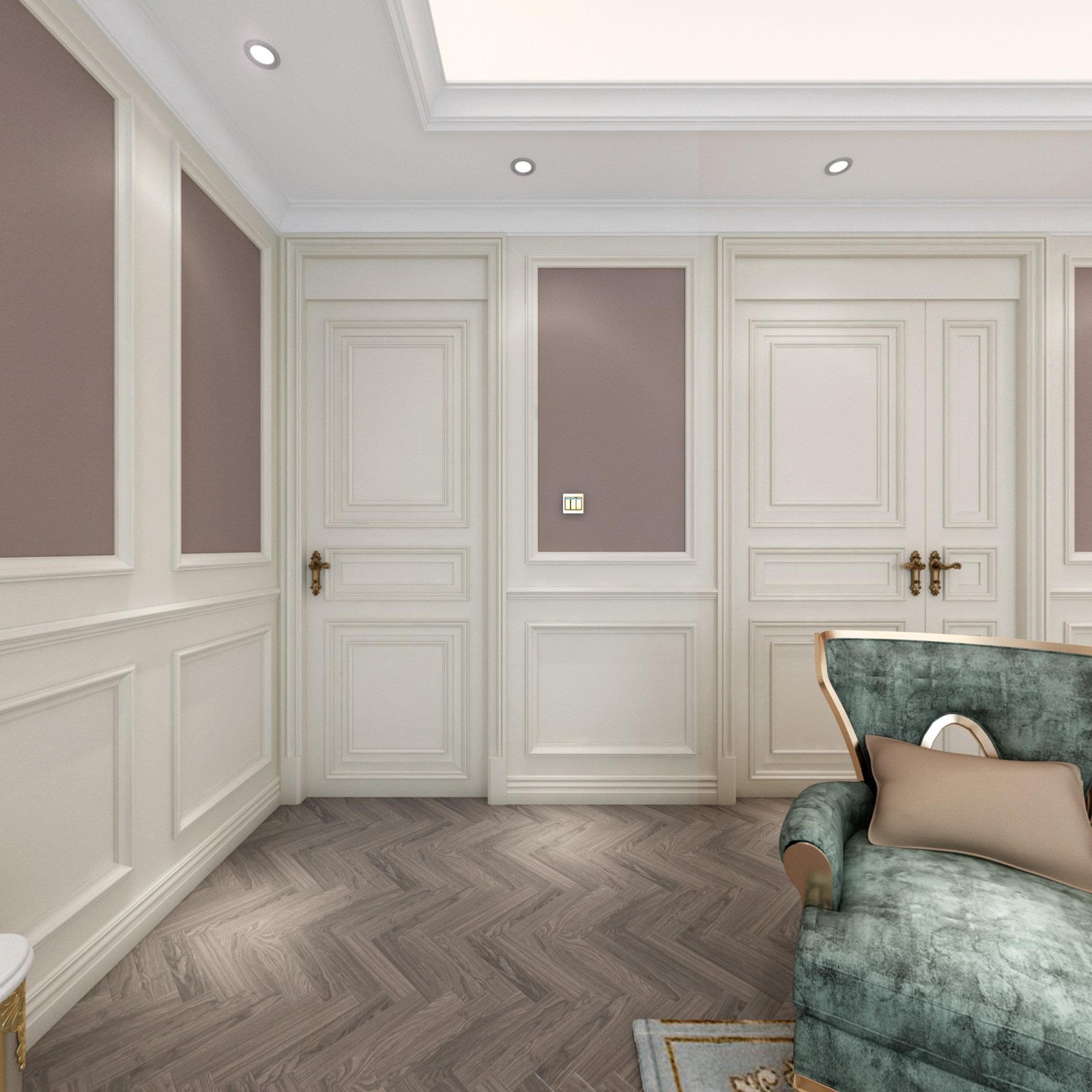 卧室与客厅风格一致,墙体实木护墙板配墙布