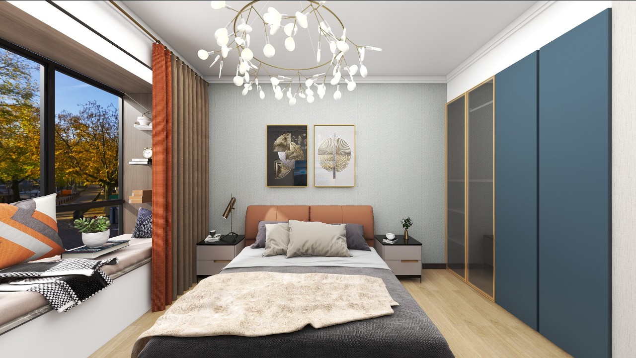 珊瑚色背景墙搭配米色皮床,温柔的感觉