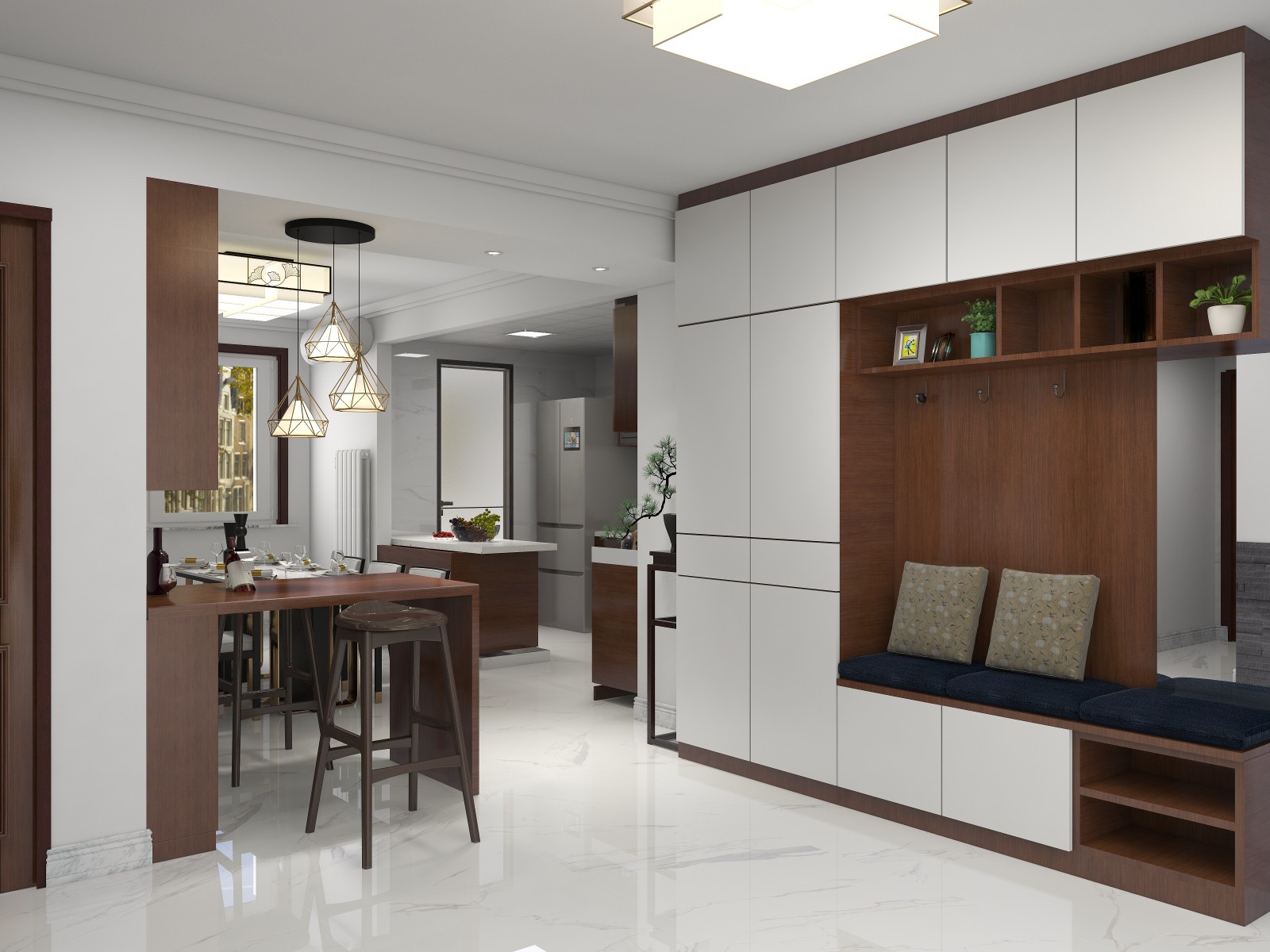 玄关做整排鞋帽柜,方便进户使用.