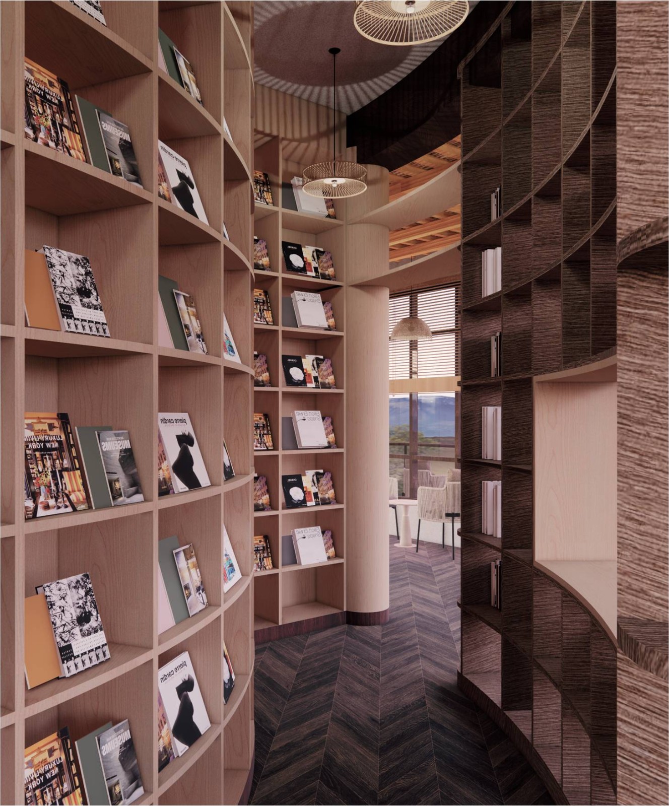 整个空间呈现圆心发散式设计具有层次感,弧形书架设计,增加了空间的