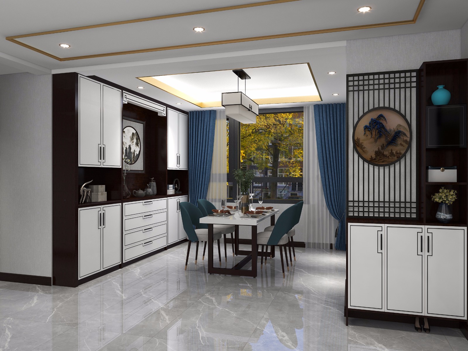 用筒灯照明 将客厅分格一部分分割,做开放式书房;回字形吊顶,中央空调