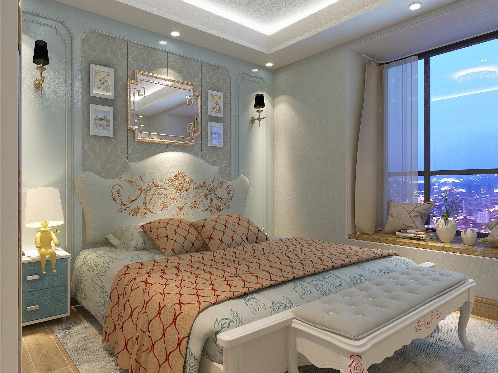 卧室墙面采用暖色系的墙布,较温润的色系可以给人一个安静的休息空间