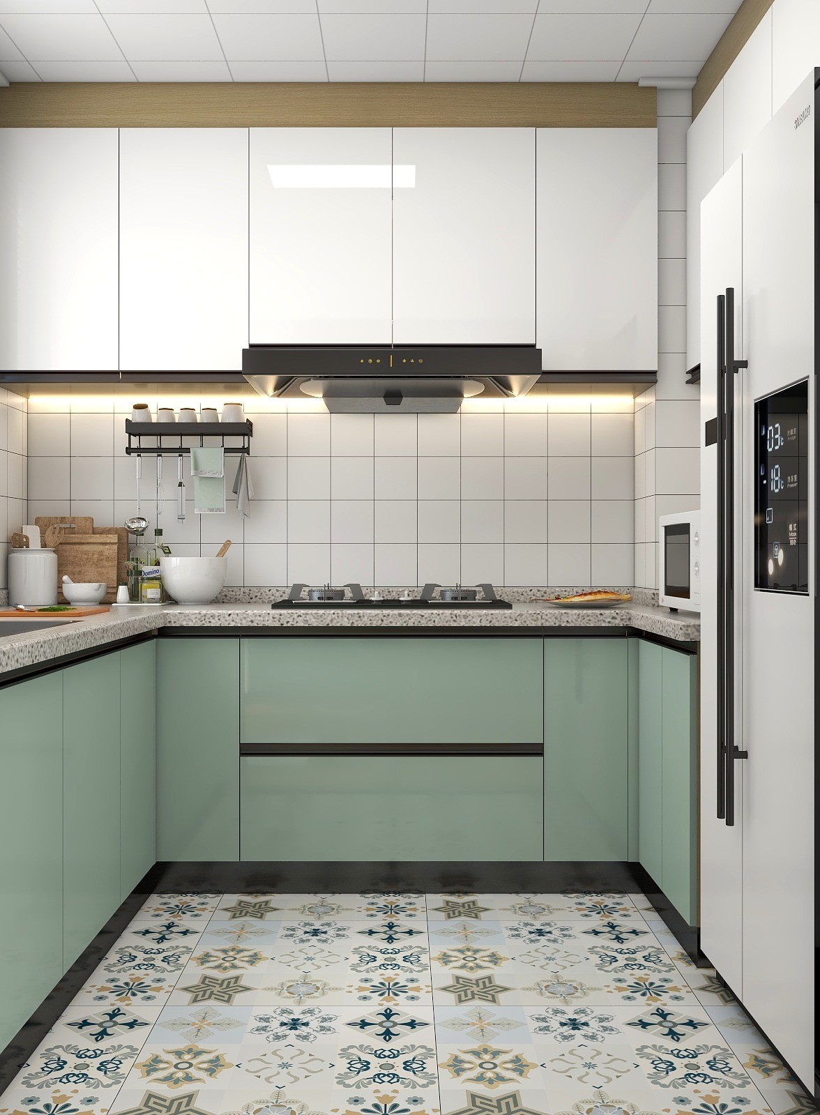 厨房以u型布置,提高空间使用率,整体通铺白色瓷砖,简单轻盈