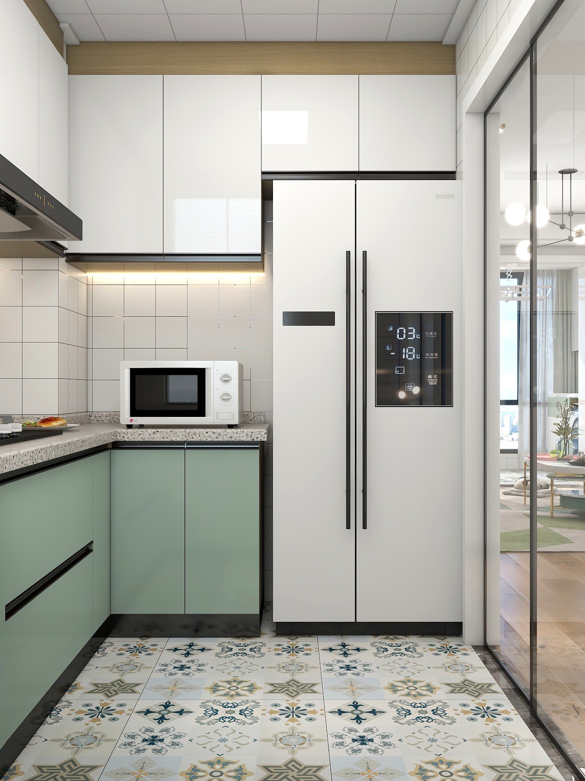 厨房以u型布置,提高空间使用率,整体通铺白色瓷砖,简单轻盈