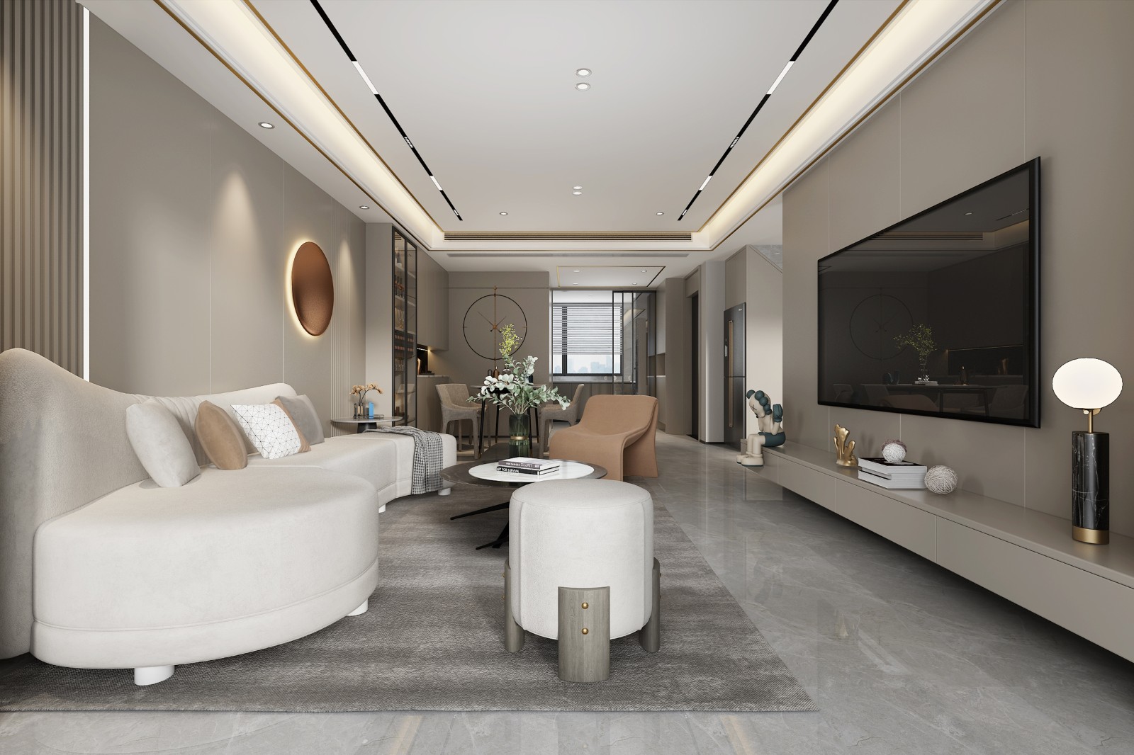 餐厅用富有时尚感的餐桌和无主灯设计,营造出一种轻松愉快的用餐氛围.