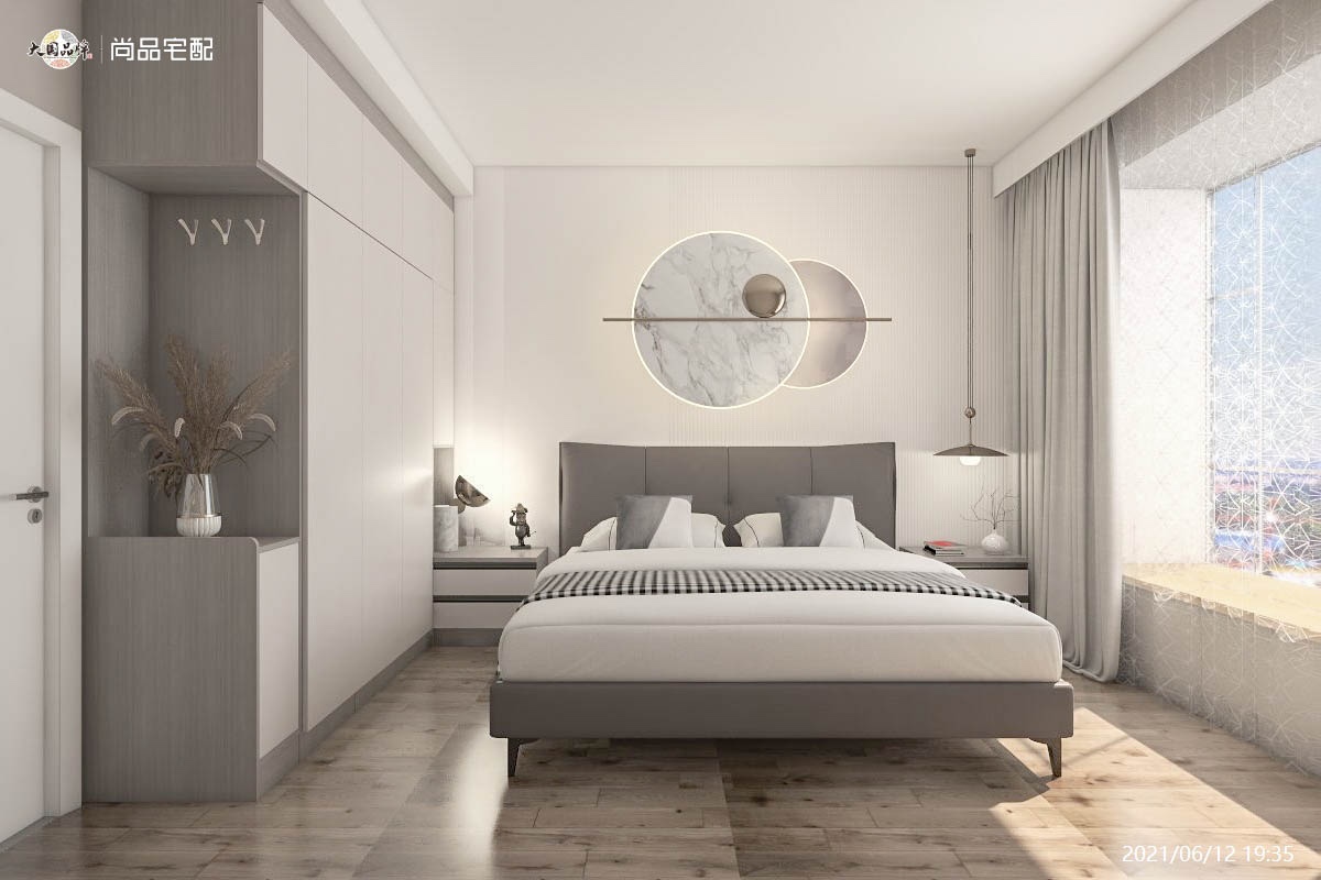 卧室简约的灰白配色.