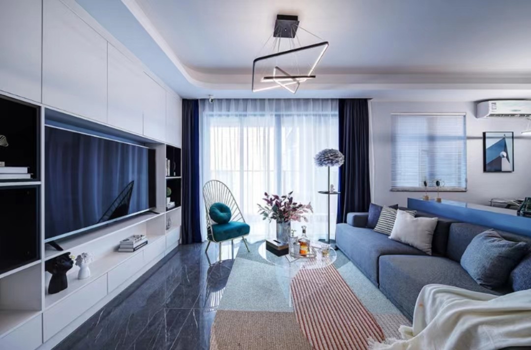 120轻奢三房装修效果图,雾霾蓝轻奢风装修案例效果图-齐家网