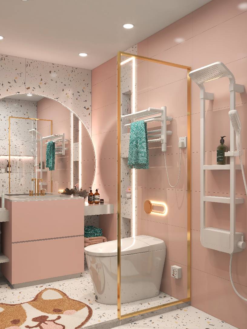 粉色阳光浴室77可置物淋浴花洒太实用了