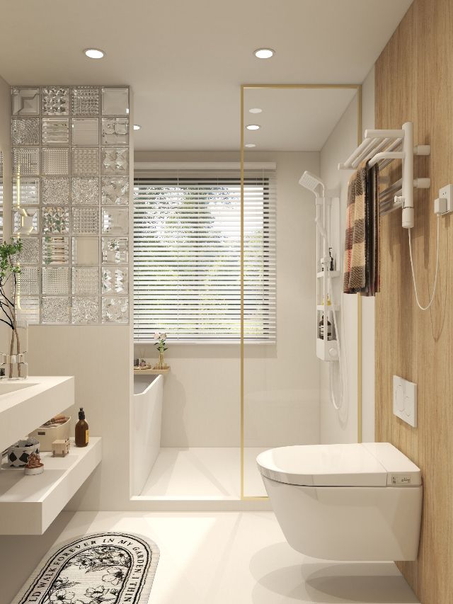 小卫生间温馨明亮玻璃砖和浴缸好看实用